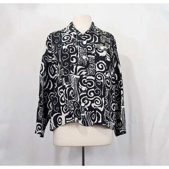 IOS Jacket Black White Artsy Wearable Art Silk Blend Statement Misses Size M - Picture 1 of 7